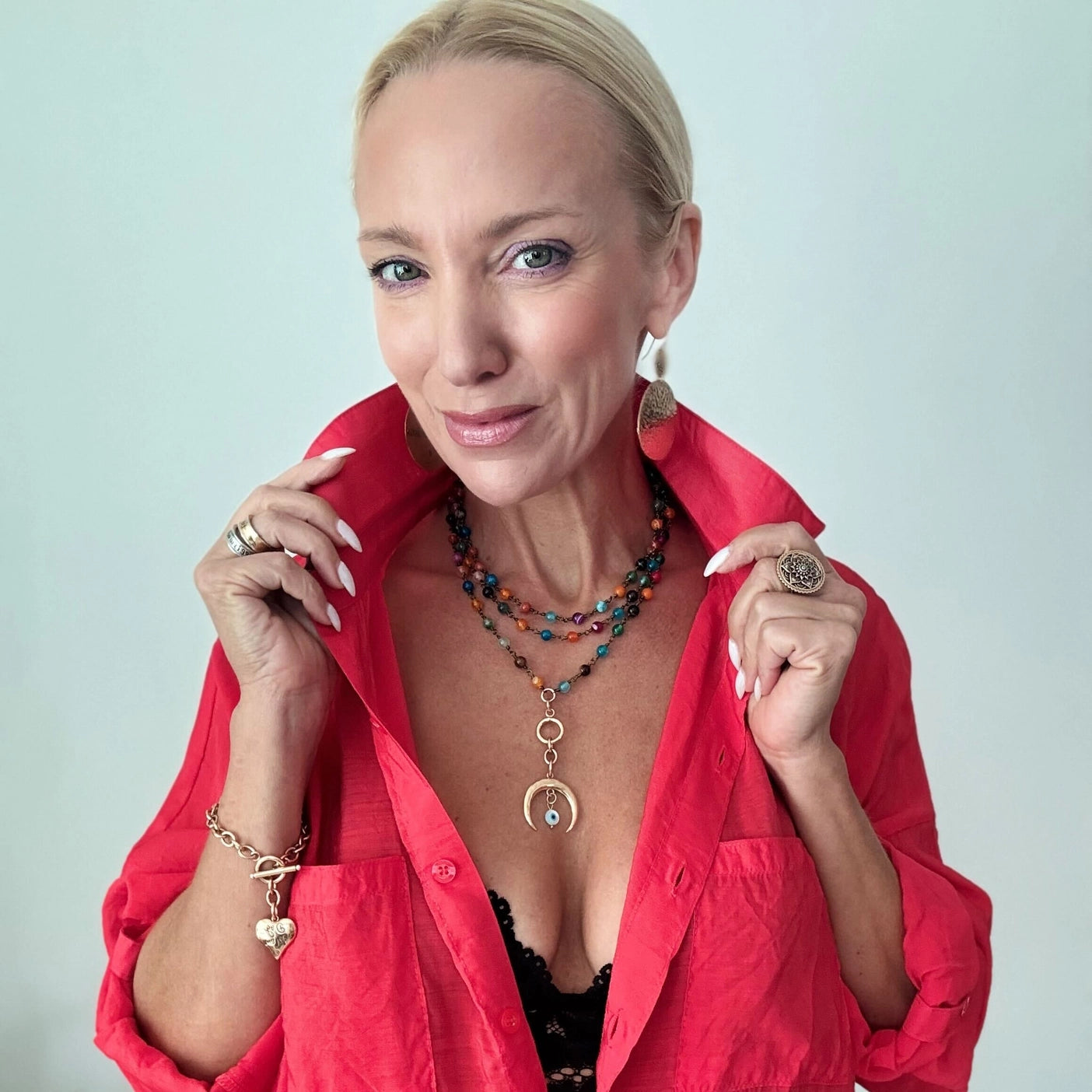 "Grateful" Crescent Moon Long Rosary Chain Necklace-Multicolor Agate