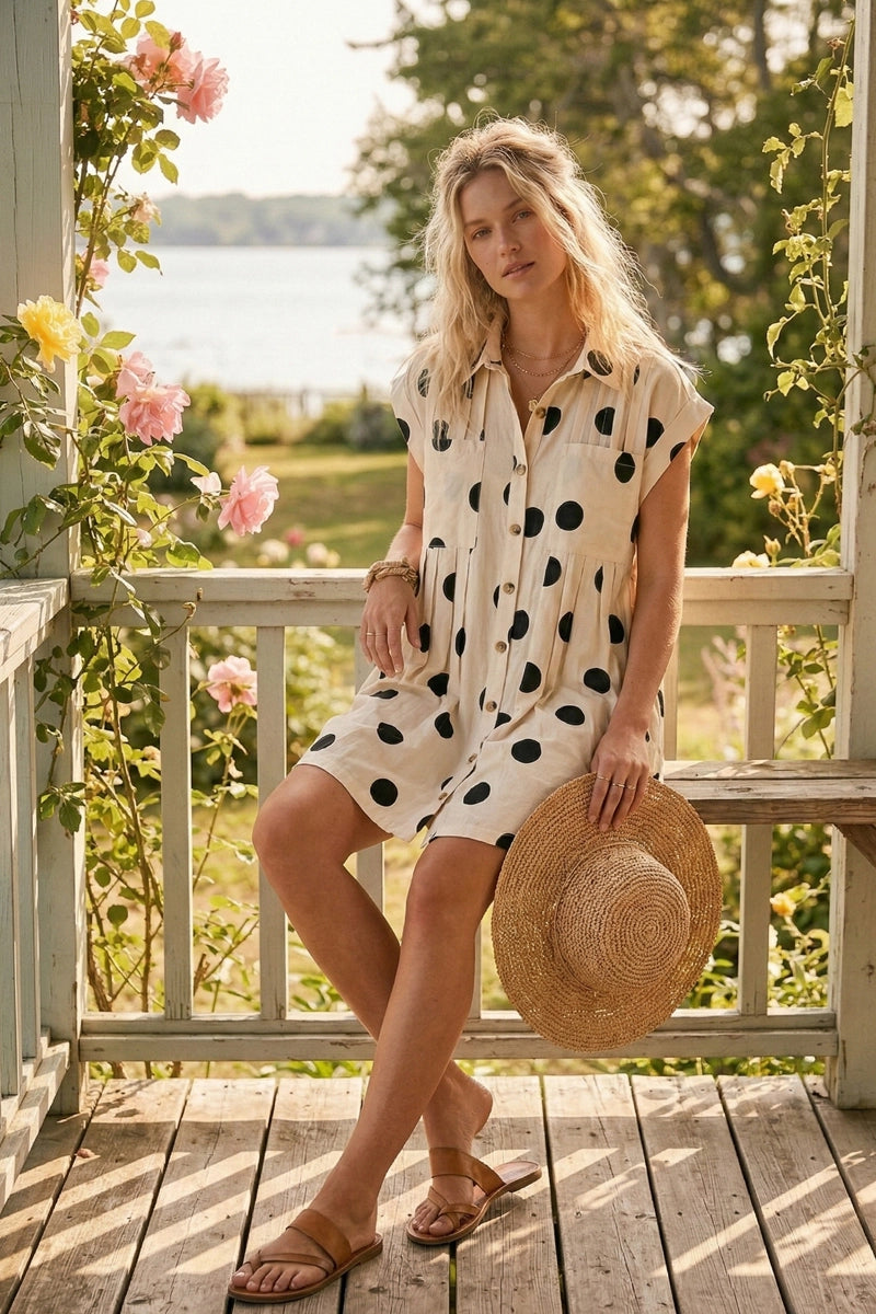 Lolli Polka Dot Button Down Pleated Poplin Mini Dress-Cream/Navy