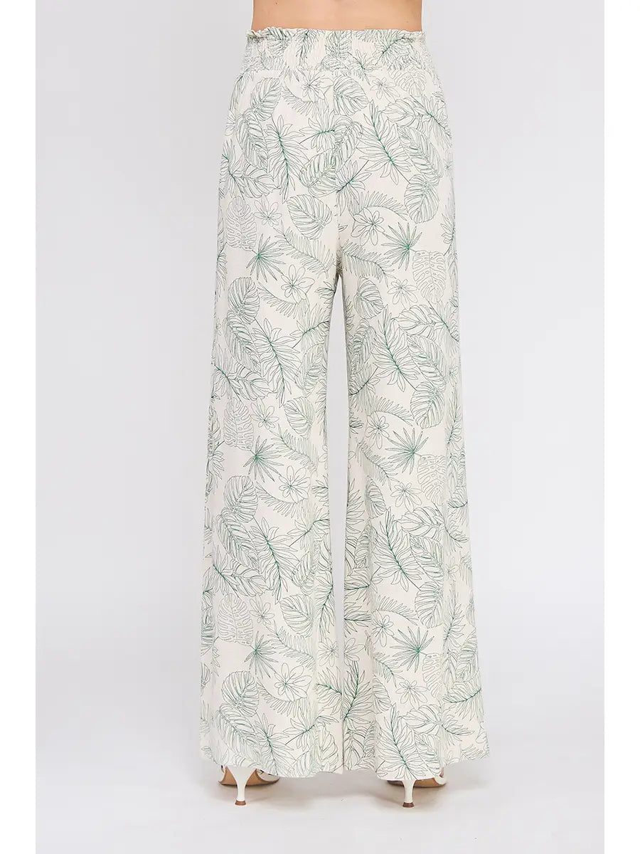 Amanda Printed Linen Blend Smocked Tie Waist Wide Leg Pants