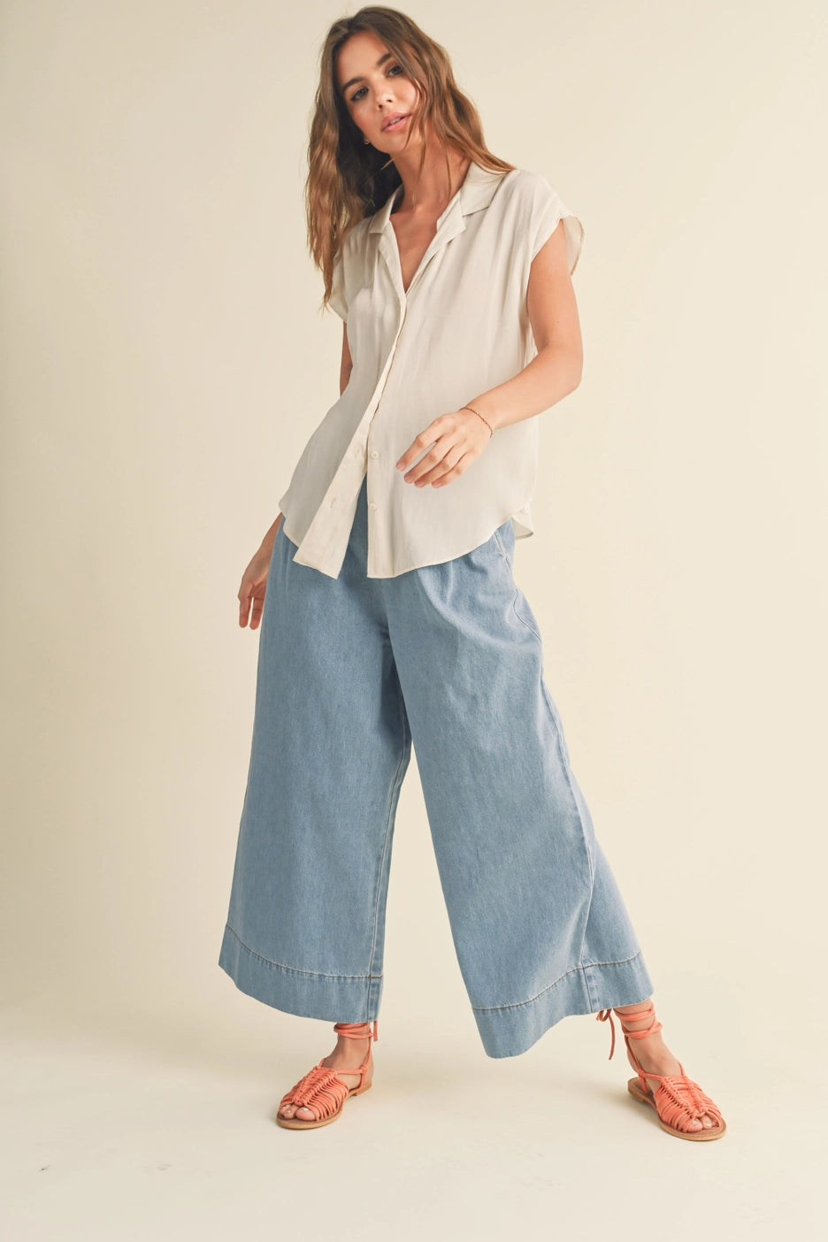 Button Down Cap Sleeve Shirts-Cream