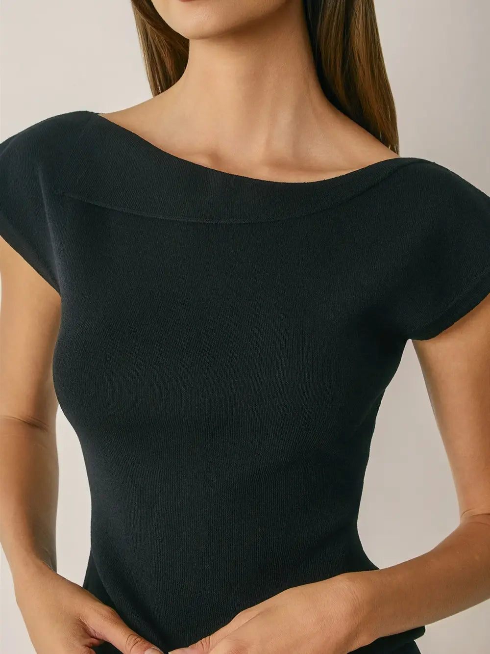Foldover Boat Neck Cap Sleeve Knit Top-Black