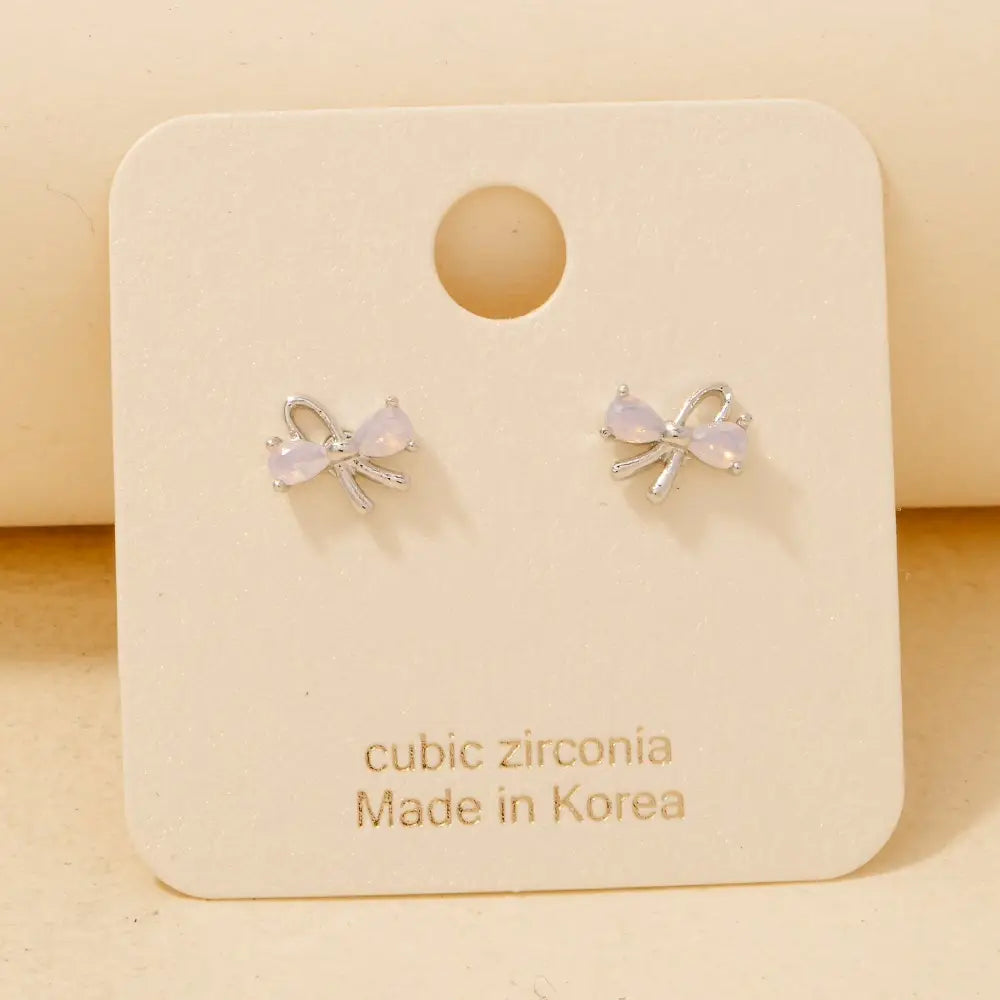 Gold Dipped Mini Cz Bow Stud Earrings-Silver