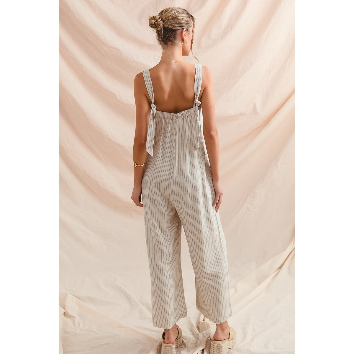 Sutton Button Front Stripe Linen Blend Jumpsuit Overalls-Oatmeal/Black