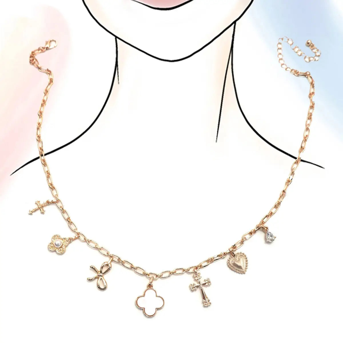 Charm Necklace-Clover Bow Cross Heart Flower