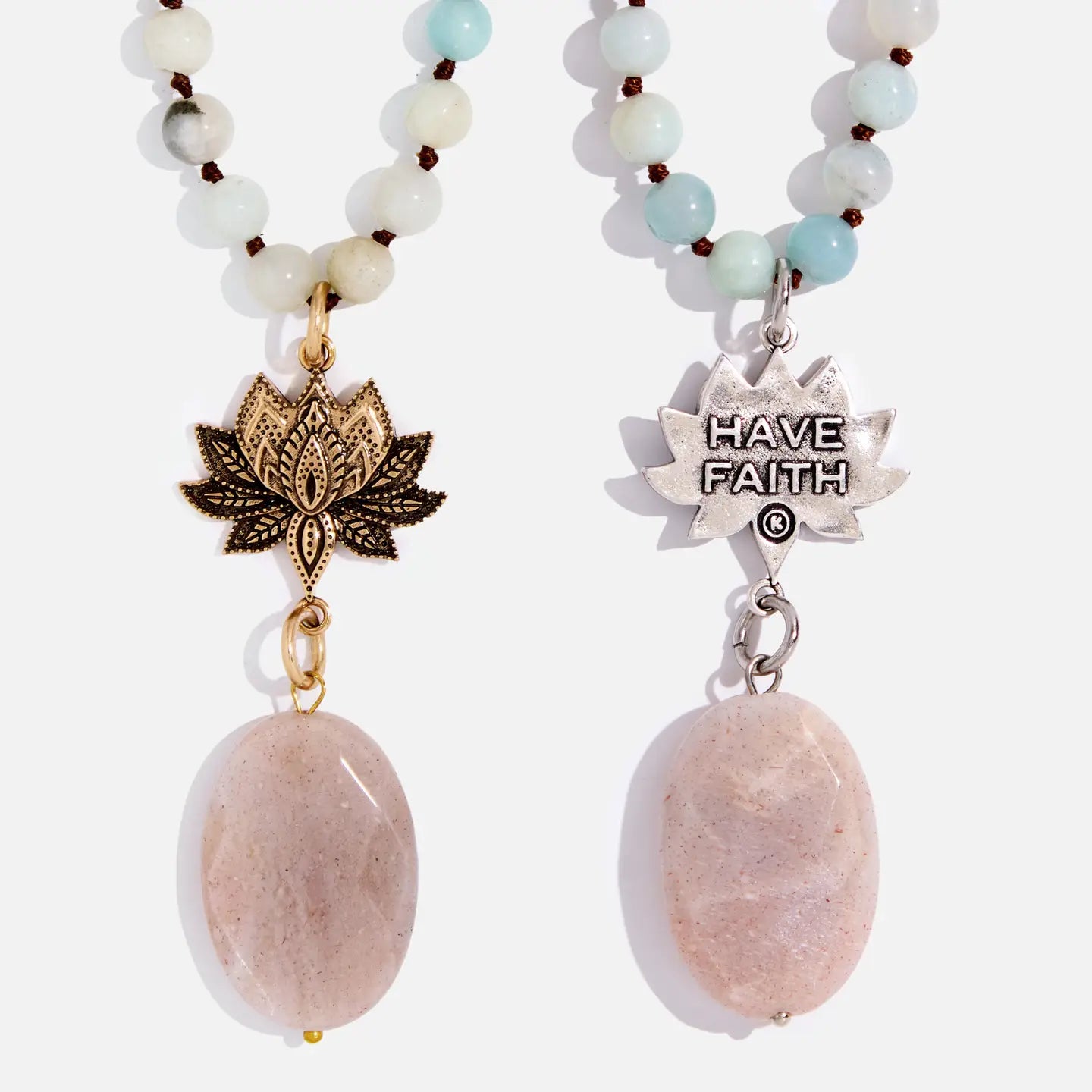 "Have Faith" Lotus Amazonite Long Chain Fusion Necklace-Gold