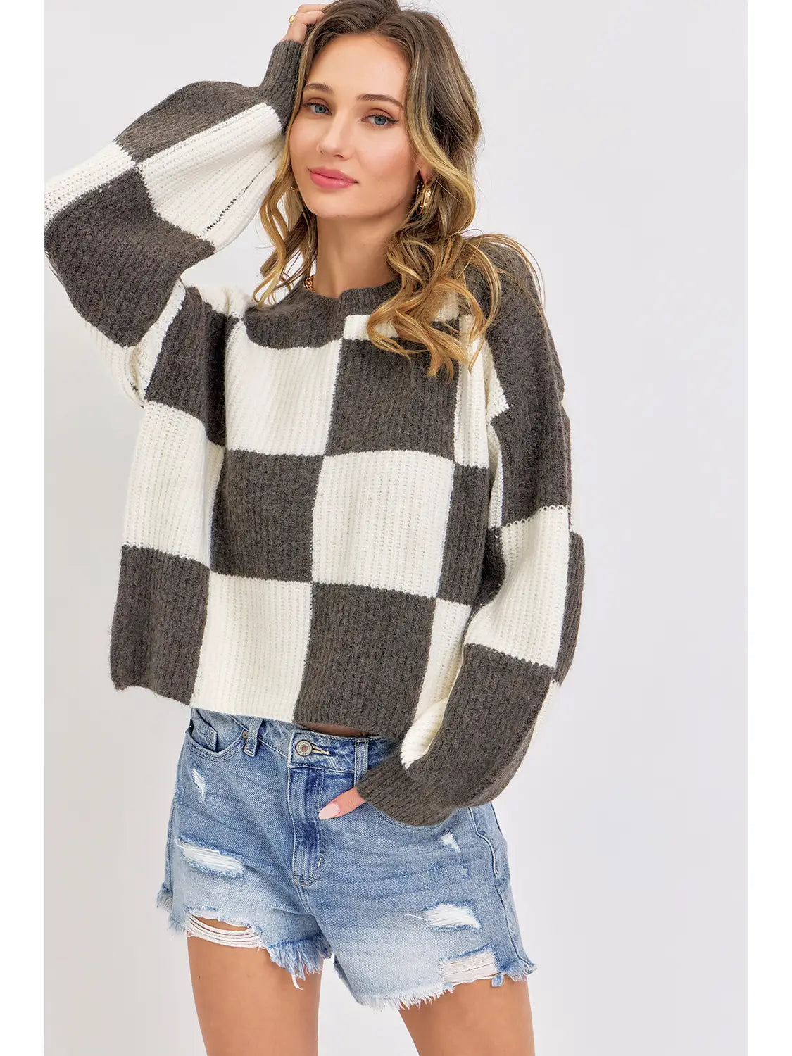 Casual Soft Cozy Relaxed Fit Checker Knit Sweater-Brown/Ivory