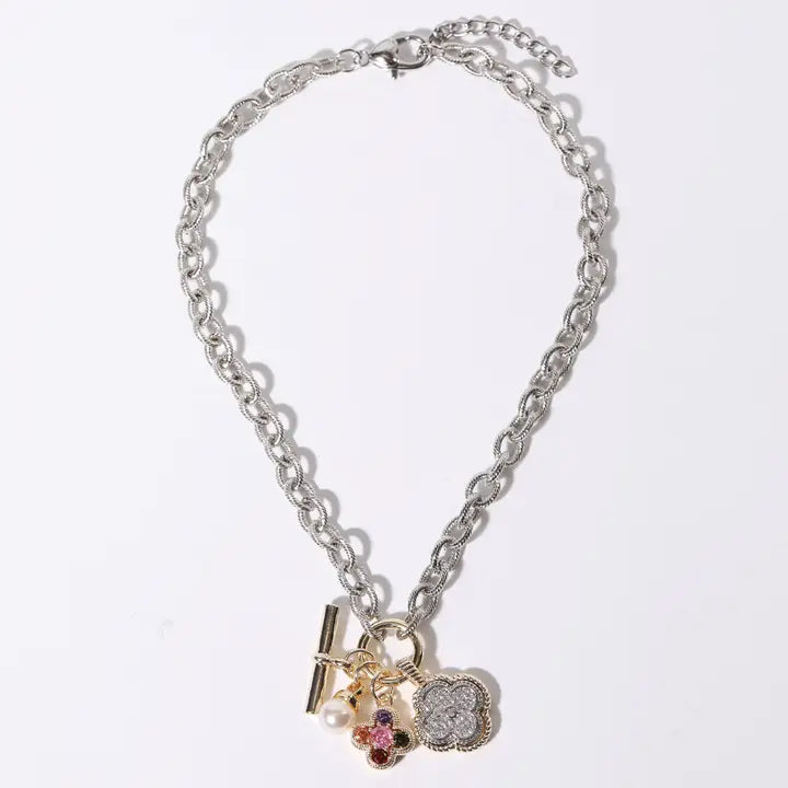 Cz Clover & Pearl Charm Chunky Rope Chain Necklace