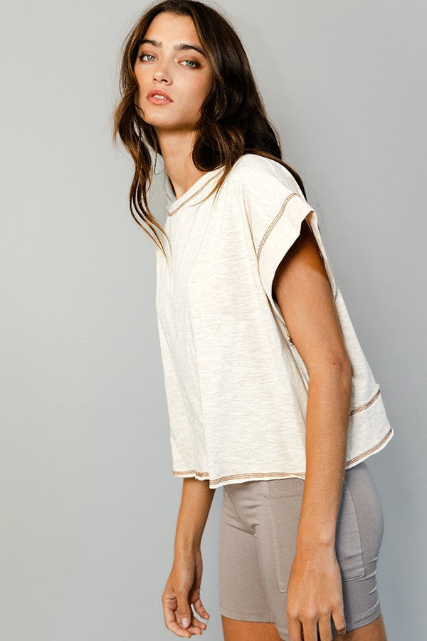 Overlap Open Back Reverse Stitched Crop Top-Natural