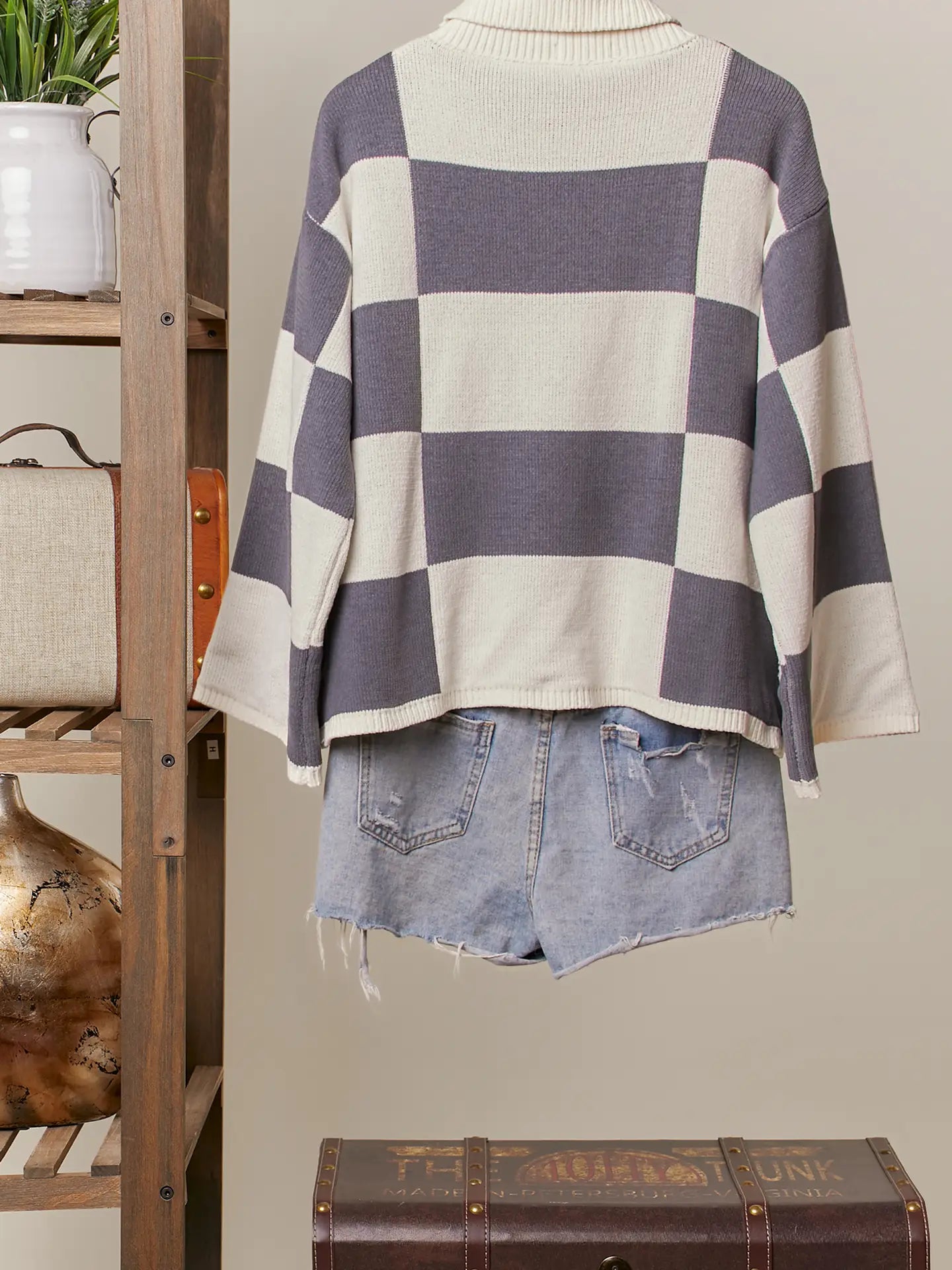 Checkerboard Flower Knit Turtleneck Sweater