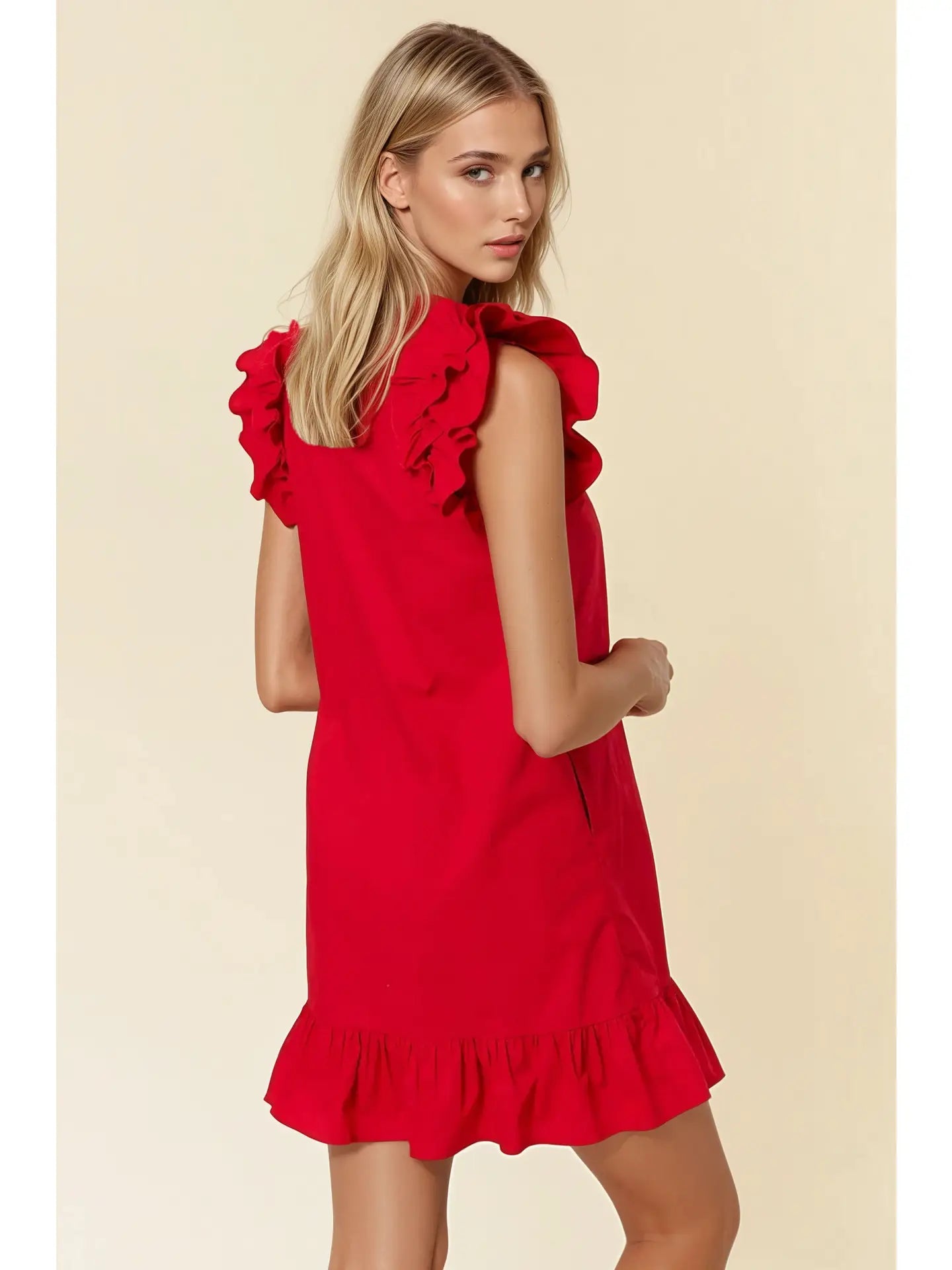 Cotton Poplin V-Neck Mini Dress W/Side Pockets -Apple