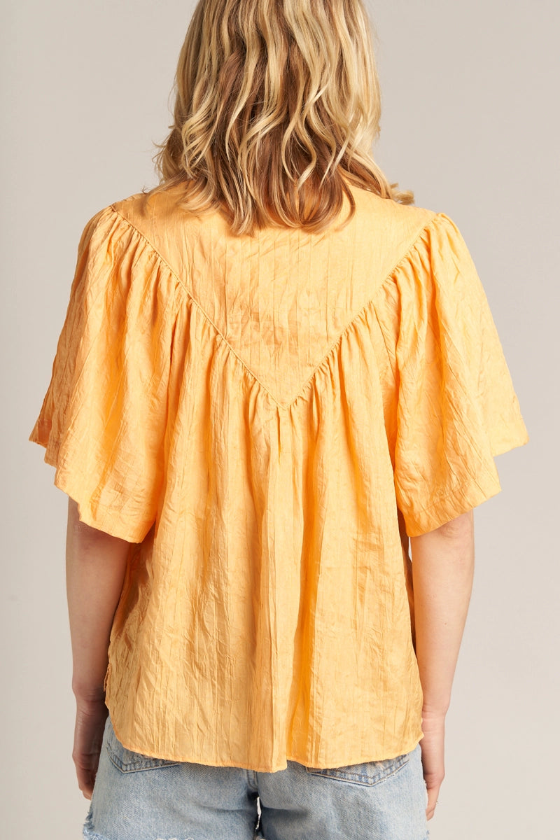 Short Sleeve Crinkled Button Down Shirt=Orange