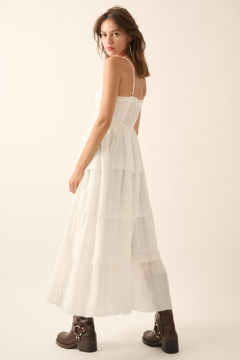 Solid Tiered Ruffle Corset Layering Maxi Top-Off White