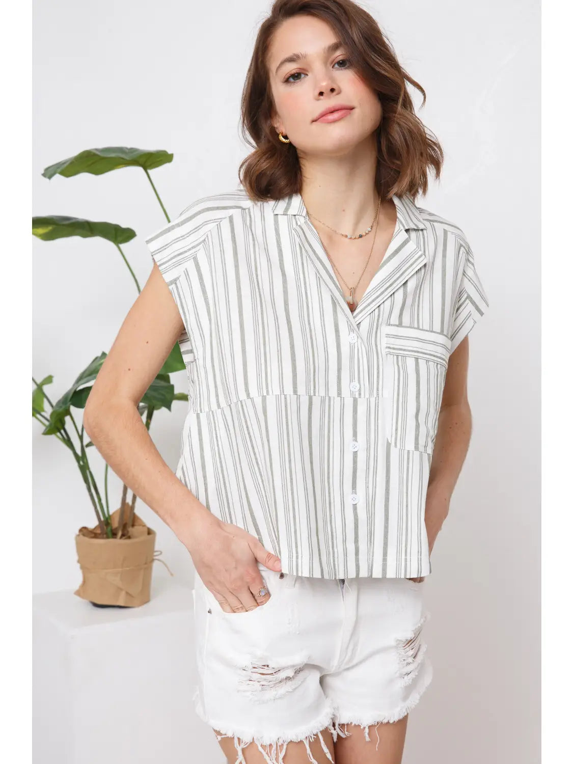 Cotton Yarn Dyed Stripe Front Button Up Shirt-OLive