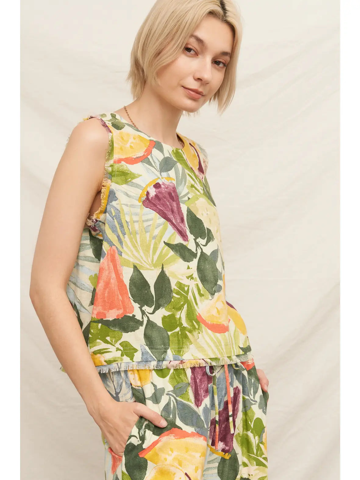 Tropical Fruit Print Sleeveless Top