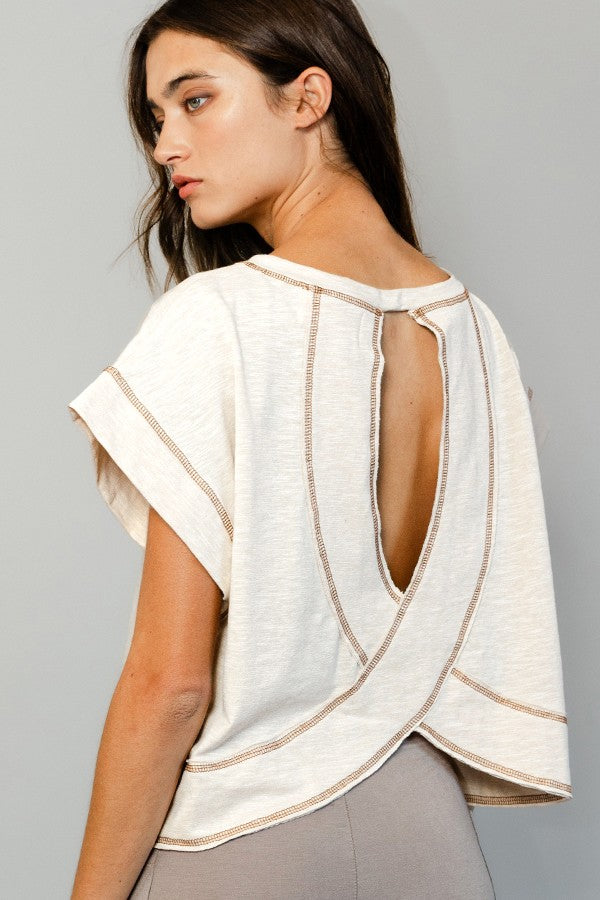 Overlap Open Back Reverse Stitched Crop Top-Natural