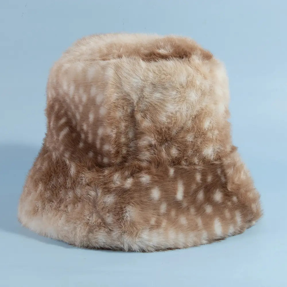 Trending Spotted Plush Fawn Fur Bucket Hat-Light Brown