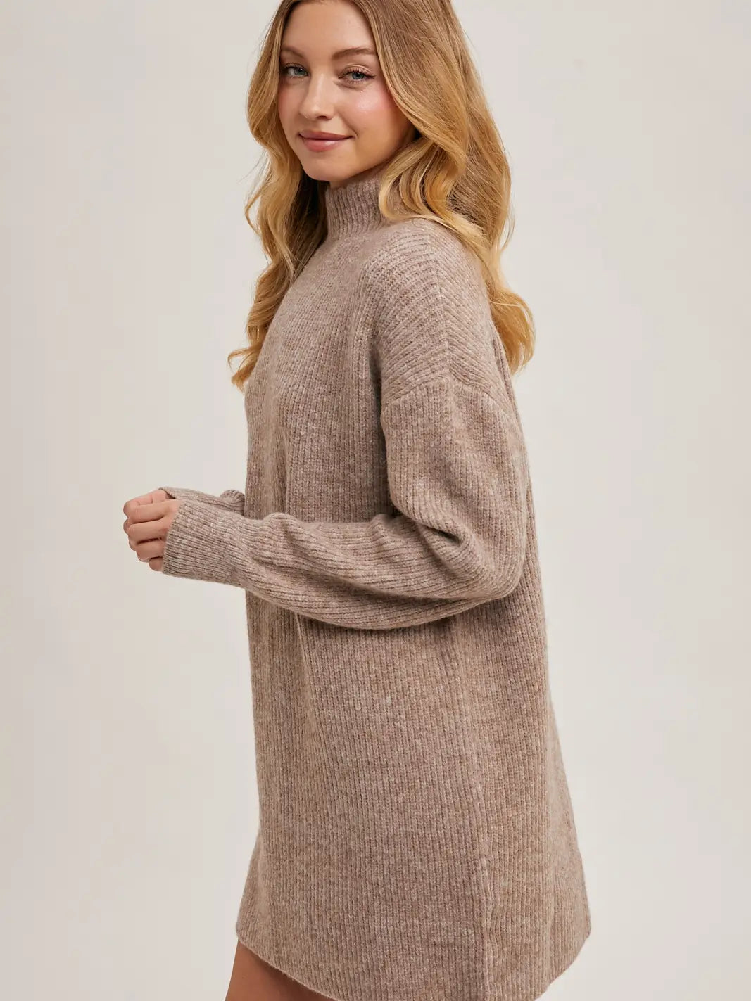 Mock Neck Knit Sweater Mini Dress-Latte