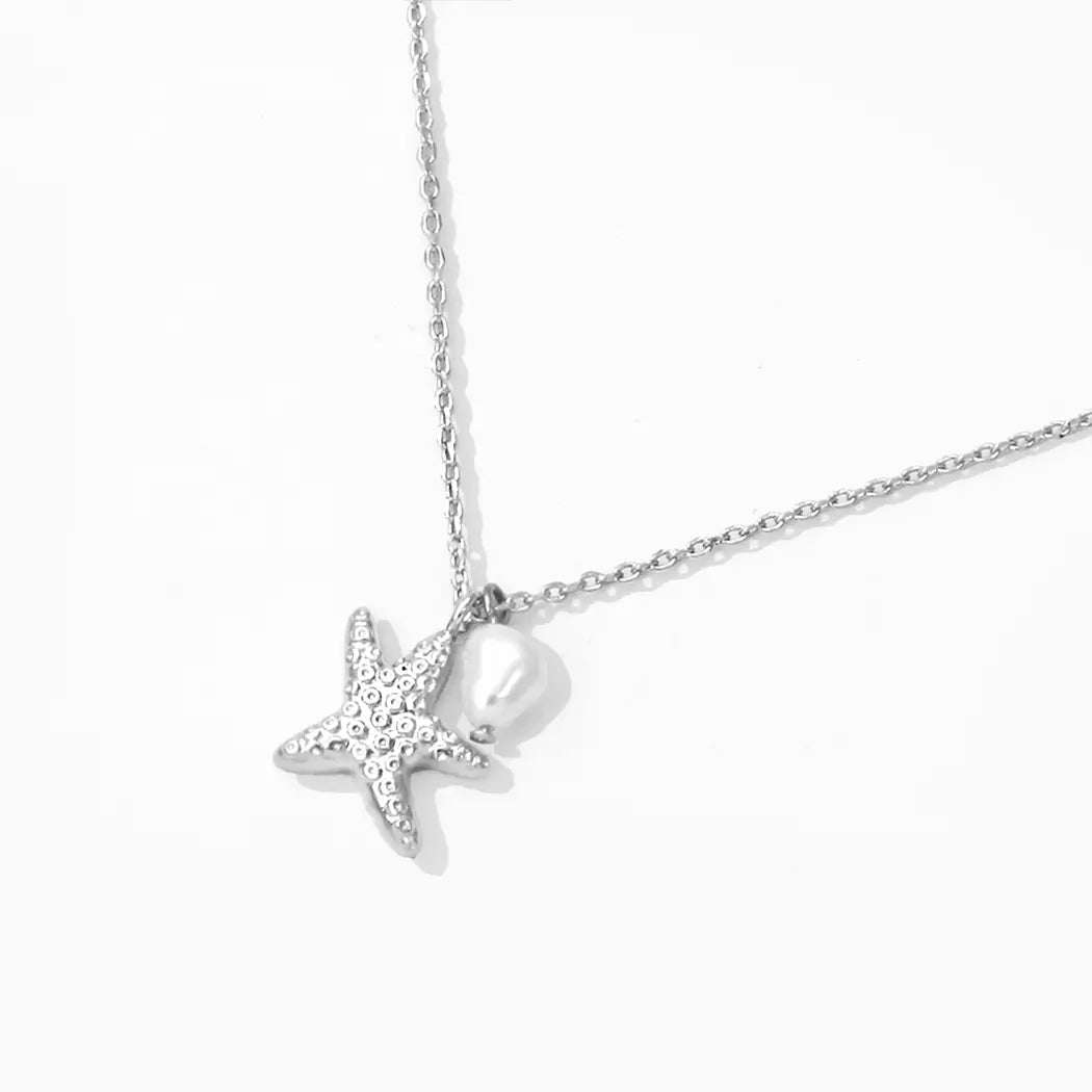 Gold Dipped Starfish Figure Pendant Necklace-Silver/Rhodium