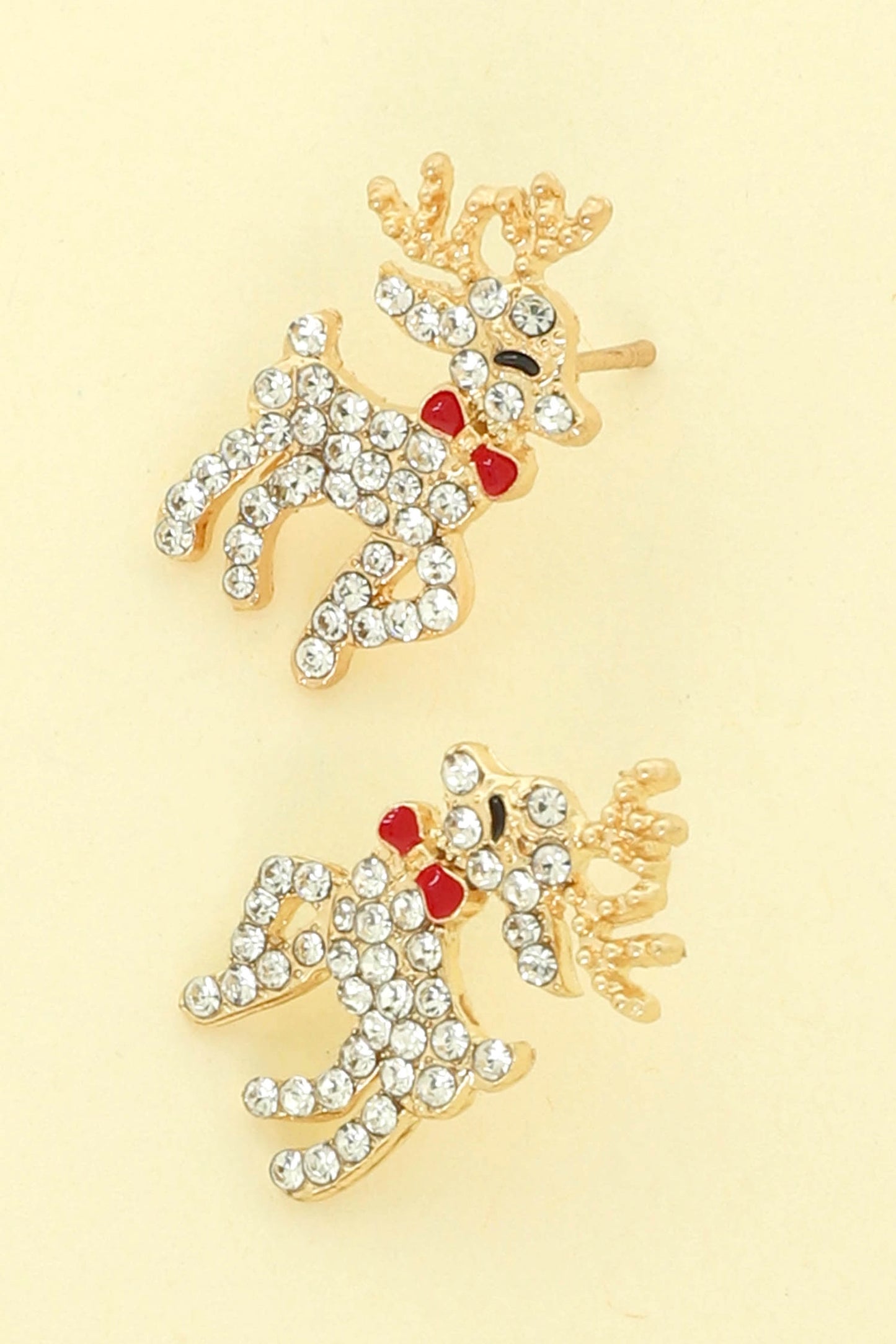 Christmas Reindeer Post Earrings with Crystals and Red Bow