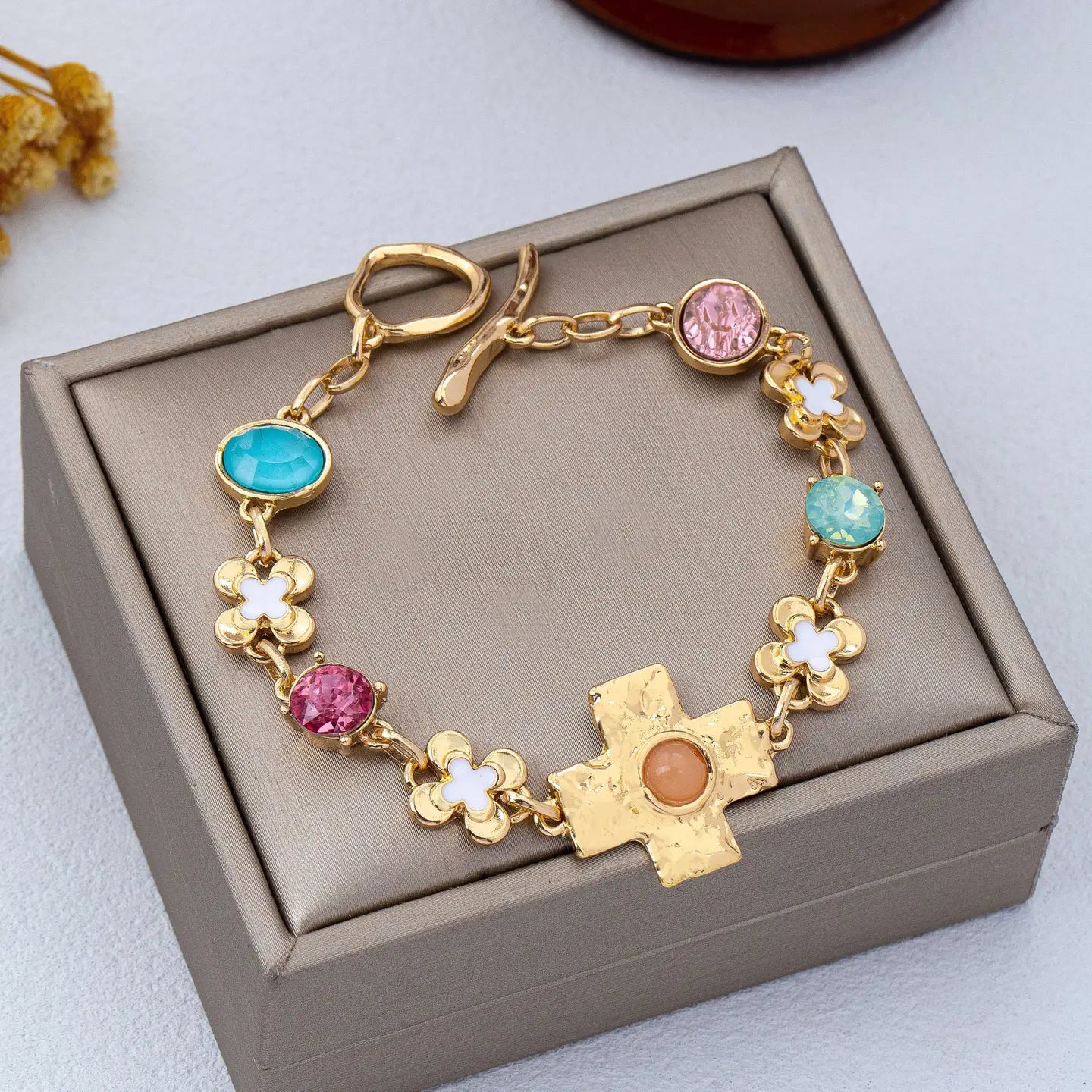 Floral Cross & Gemstone Charm Bracelet