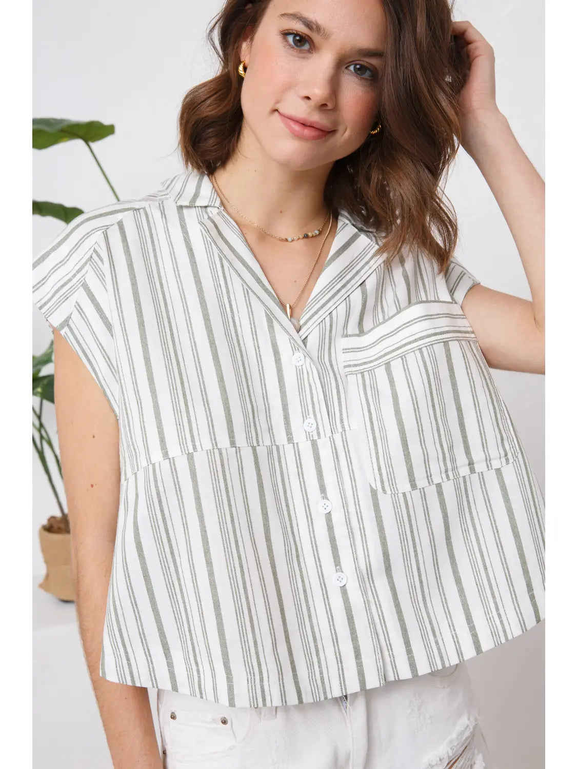 Cotton Yarn Dyed Stripe Front Button Up Shirt-OLive