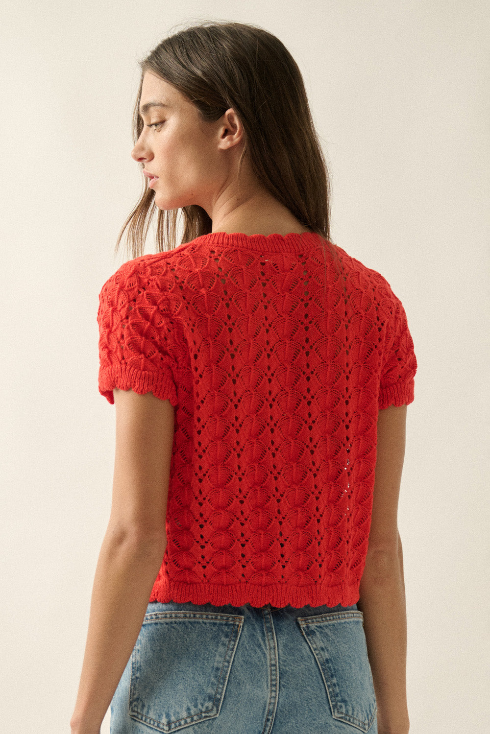 Pointelle Crochet-Knit Buttoned Short Sleeve Cardigan Top-Red Orange
