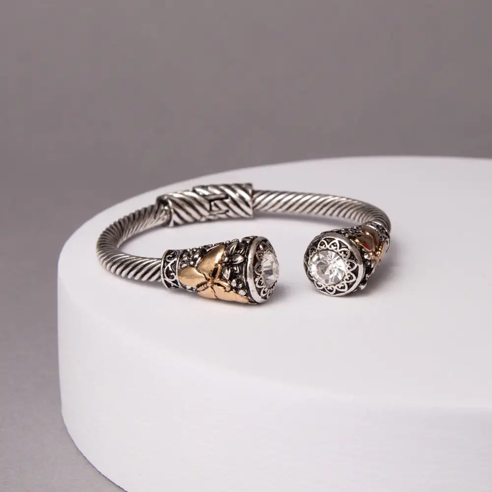 Western Ribbed Bracelet with Bezel-Set Crystal-Silver Gold