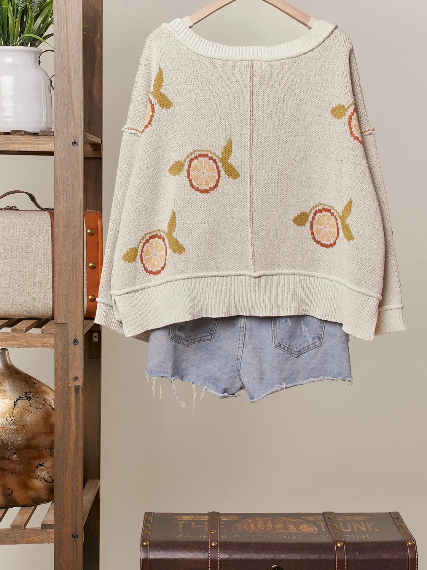 Oversized Orange Pattern V Knit Sweater