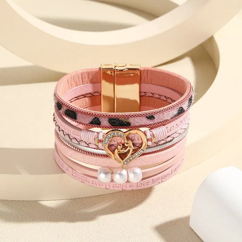 Magnetic Buckle Heart Shaped Word Print Bracelet-Pink