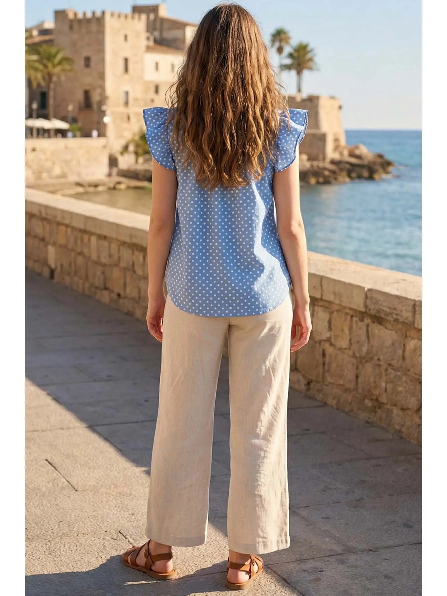 Charming Polka Dot Ruffle Accent Blouse Top-Light Blue