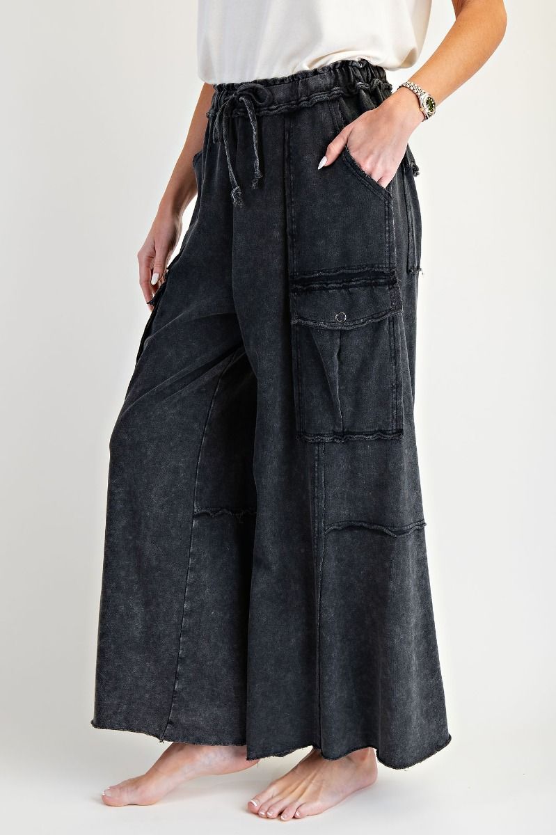 Dylan WASHED WIDE LEGS TERRY CARGO PANTS-Black