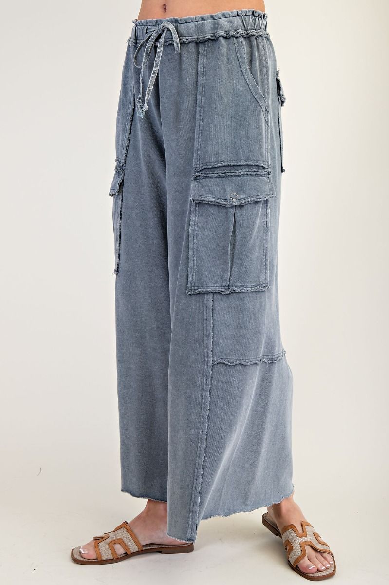 Dylan WASHED WIDE LEGS TERRY CARGO PANTS-Faded Navy
