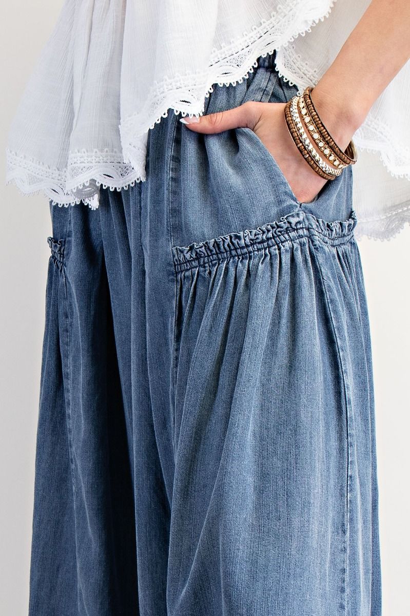 Bronwyn WASHED WIDE LEG PALAZZO CHAMBRAY PANTS-Dark Denim