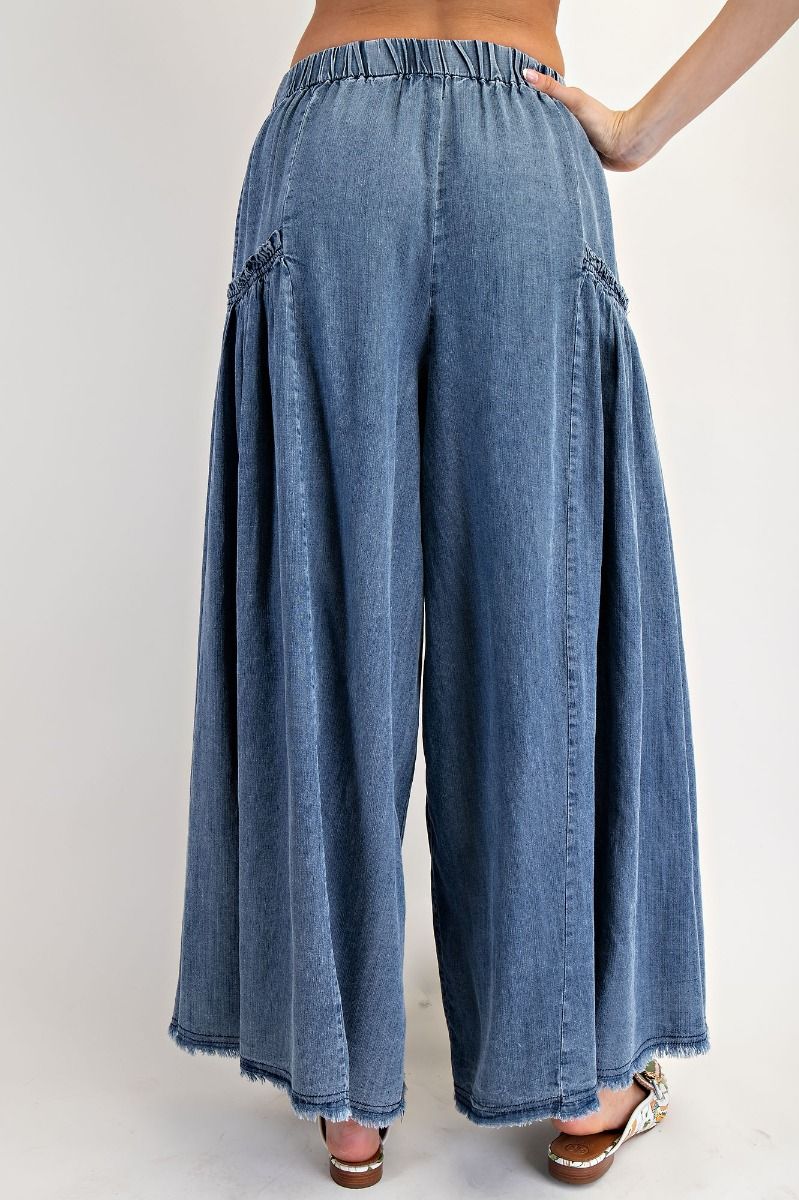 Bronwyn WASHED WIDE LEG PALAZZO CHAMBRAY PANTS-Dark Denim