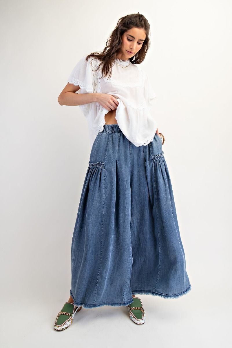 Bronwyn WASHED WIDE LEG PALAZZO CHAMBRAY PANTS-Dark Denim