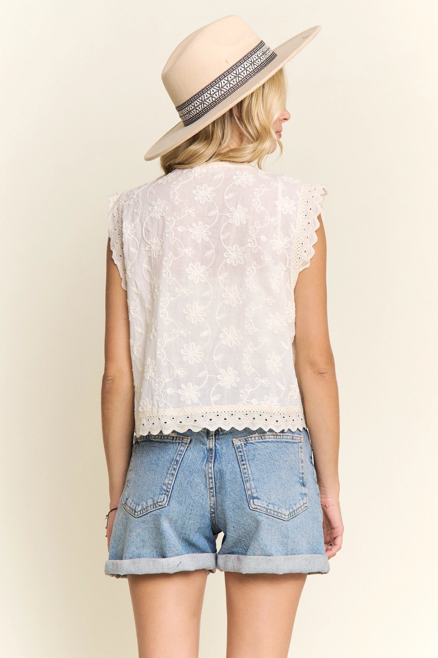 Sleeveless Eyelet Lace Trim Blouse-Beige