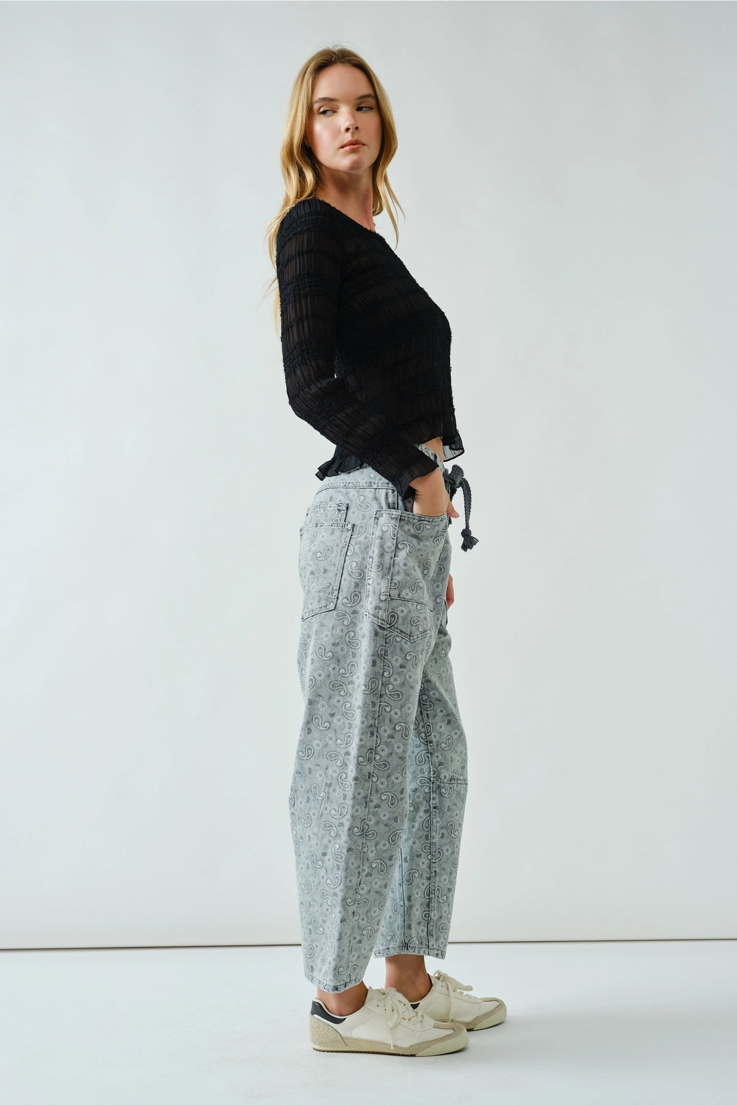 Barrel Paisley Denim Pants with Eyelet Waist