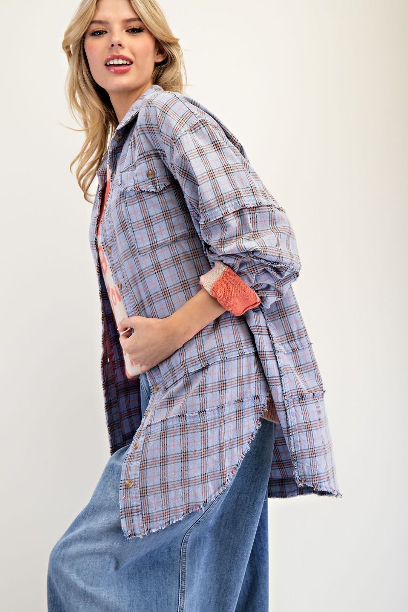 Moonstone MINERAL WASHED PLAID SHIRT-Peri Blue