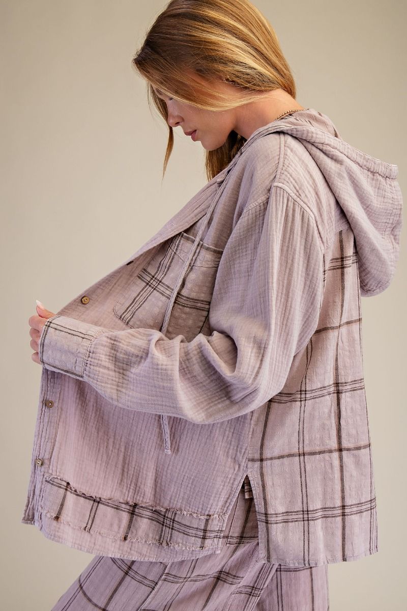 PLAID WASHED COTTON GAUZE PULLOVER HOODIE-Dusty Lavender