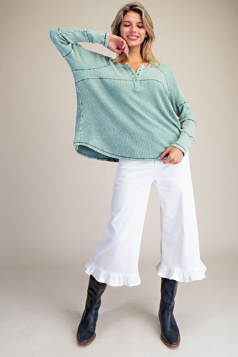 Josie WASHED THERMAL & HENLEY KNIT TUNIC-Sage