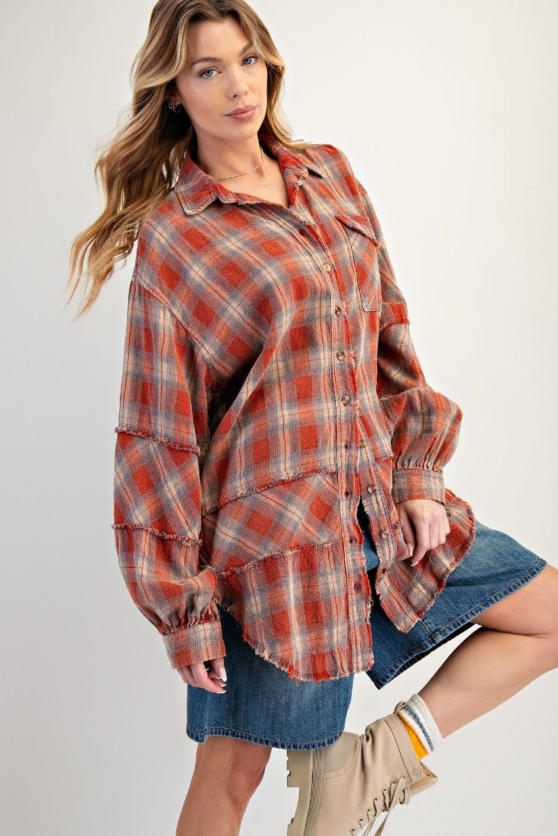 Logan MINERAL WASHED PLAID TUNIC SHIRT-BoHo Red