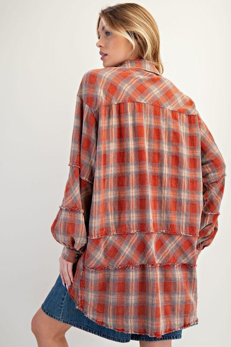 Logan MINERAL WASHED PLAID TUNIC SHIRT-BoHo Red