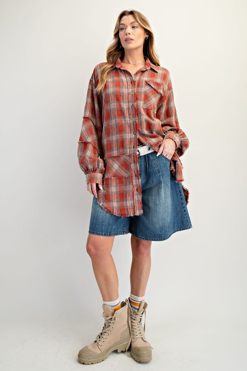 Logan MINERAL WASHED PLAID TUNIC SHIRT-BoHo Red
