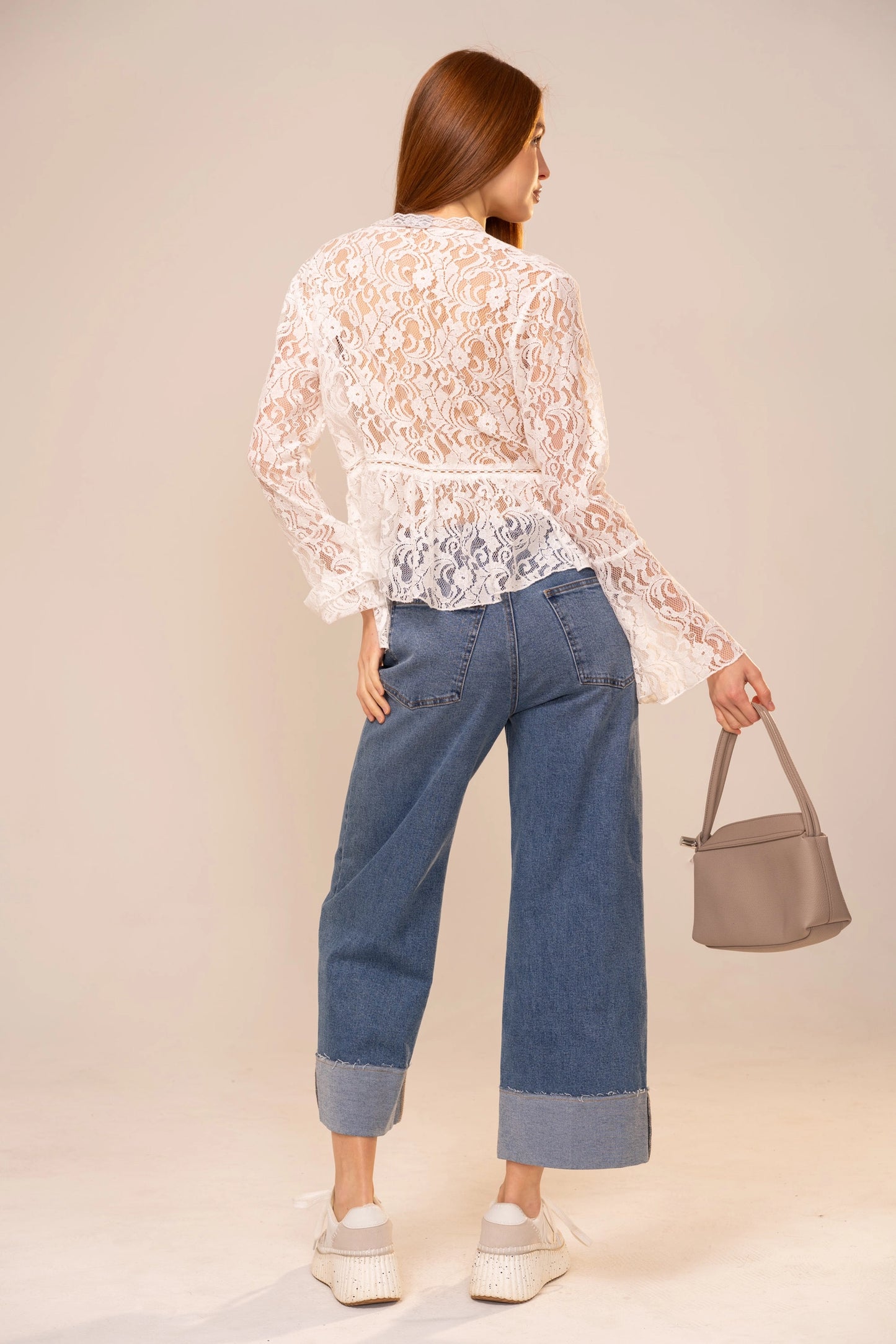 V-Neck Peplum Lace Blouse-Off White