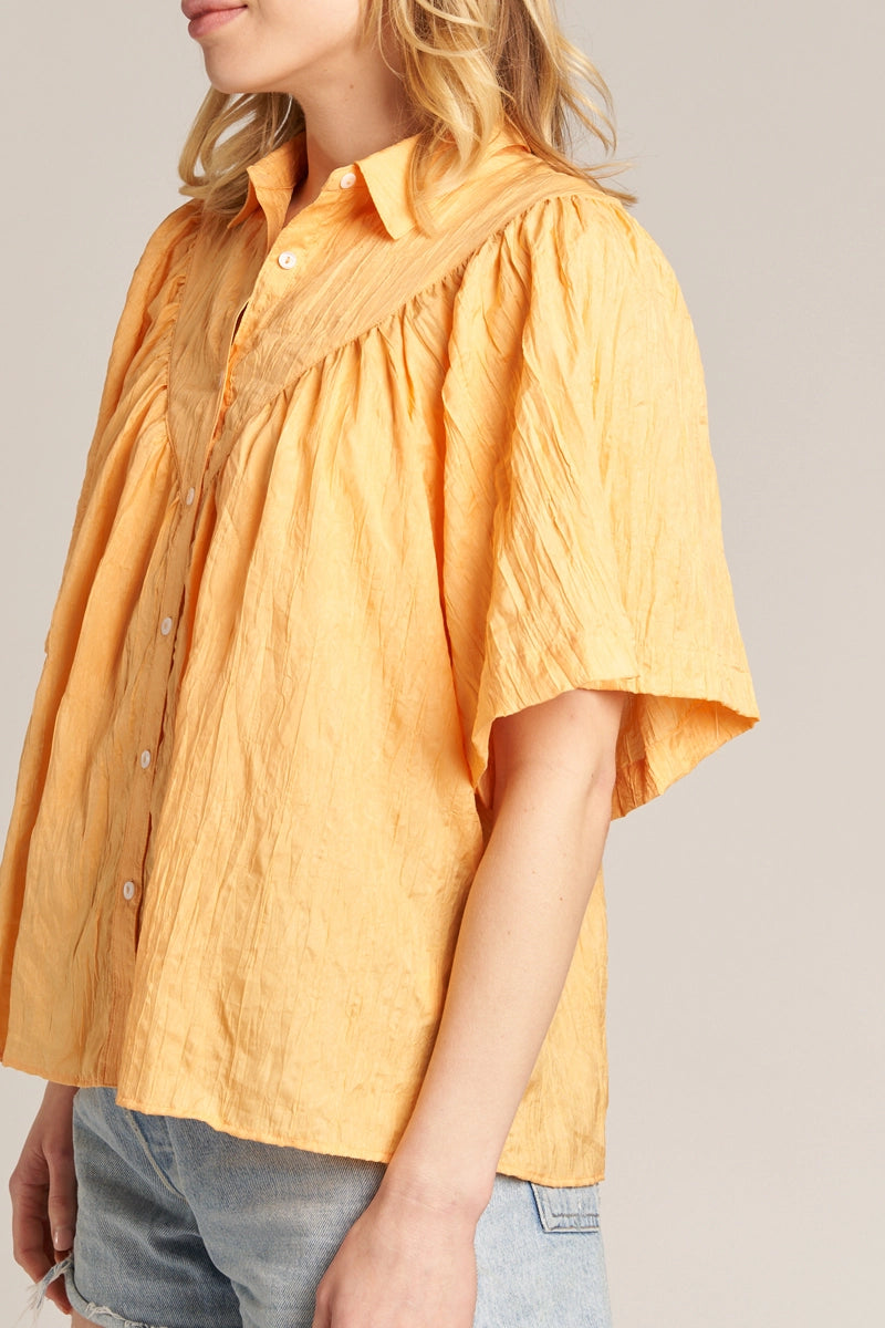 Short Sleeve Crinkled Button Down Shirt=Orange