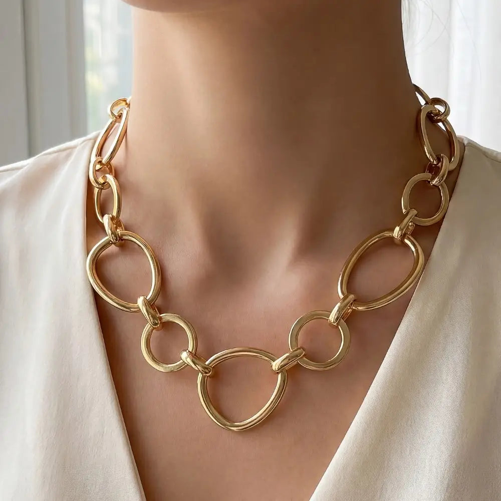 Mixed Large Hoop Chain Statement Necklace-Gold