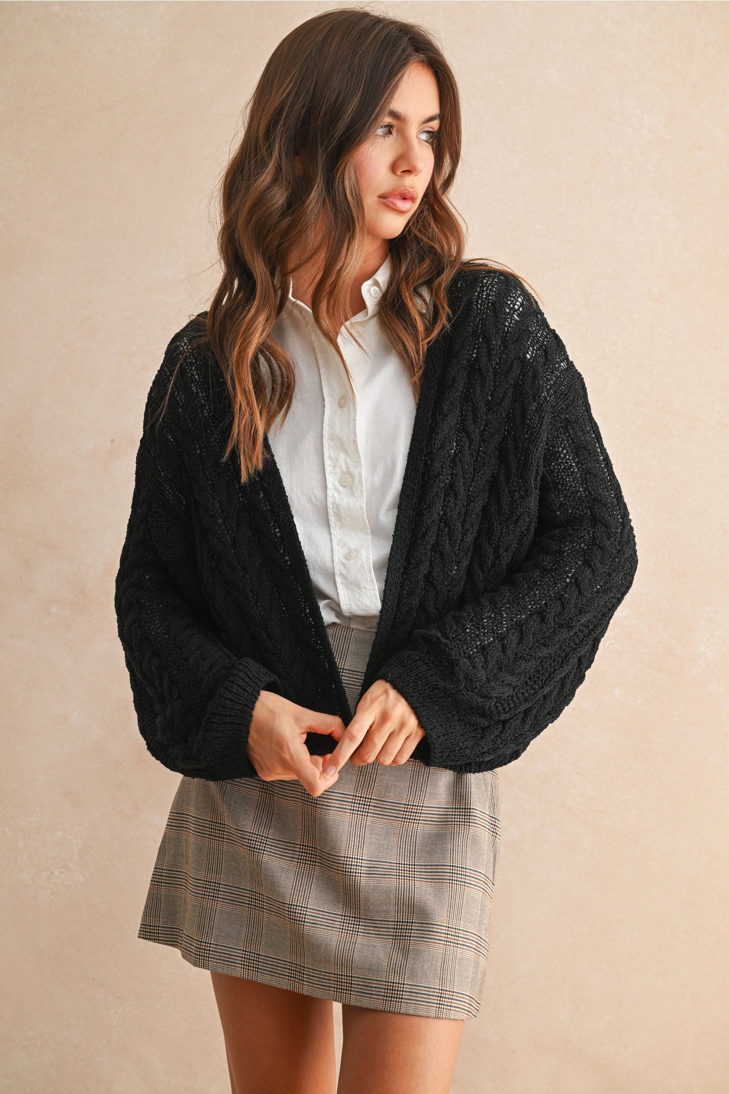 Wednesday Light Weight Cable Knitted Cardigan-BLACK