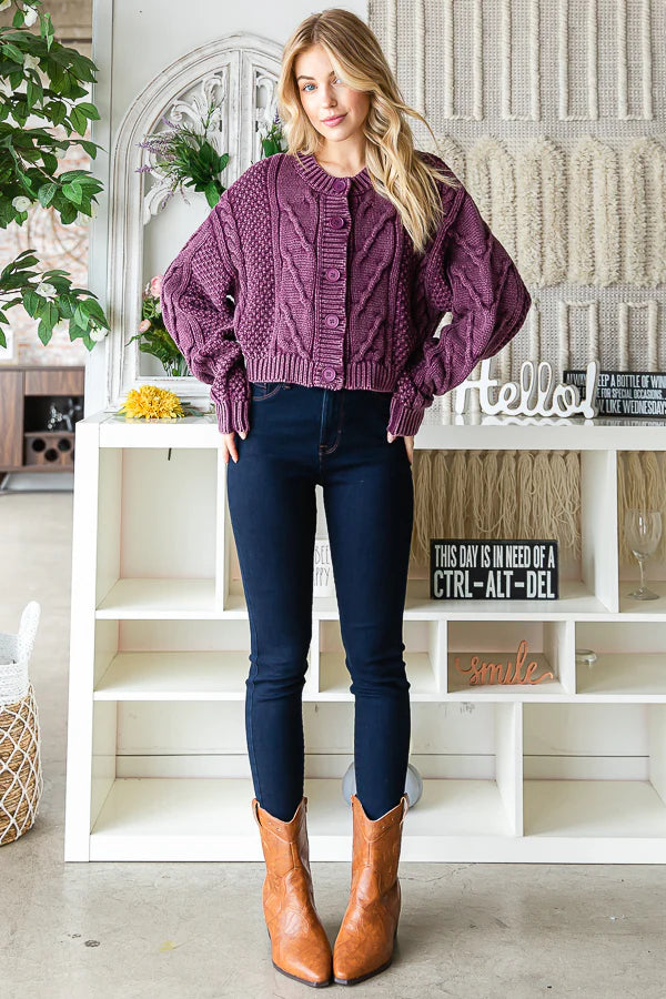 Jensen BUTTON FRONT LONG SLEEVE CROPPED SWEATER-Eggplant