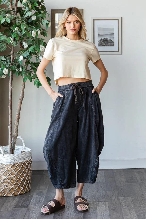 WASHED ALADIN HAREM CROPPED PANTS-Black