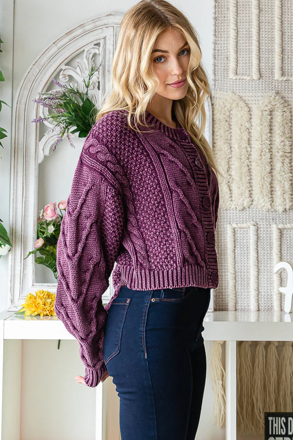 Jensen BUTTON FRONT LONG SLEEVE CROPPED SWEATER-Eggplant